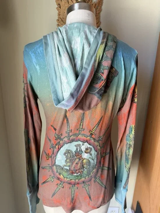 Butterfly Dropout Hoodie Top Small Boho Colorful Graphic V-Neck Pullover Mermaid - Picture 7 of 9